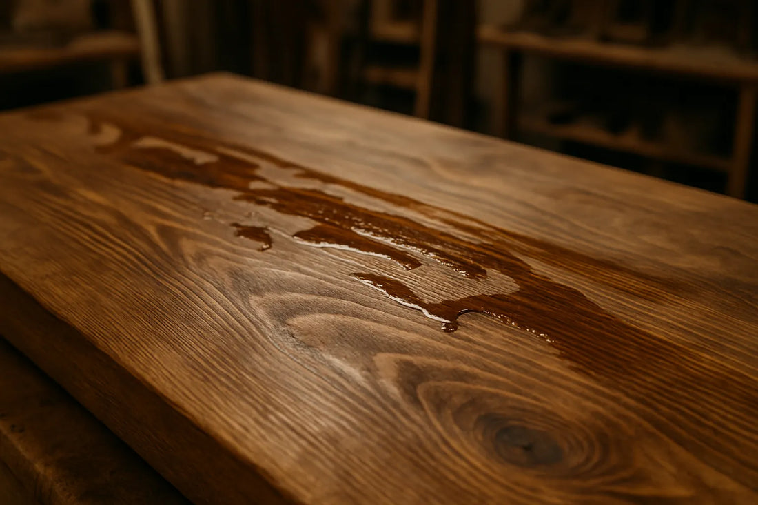 Scena di legno oliato con segni di olio non assorbito e texture naturale