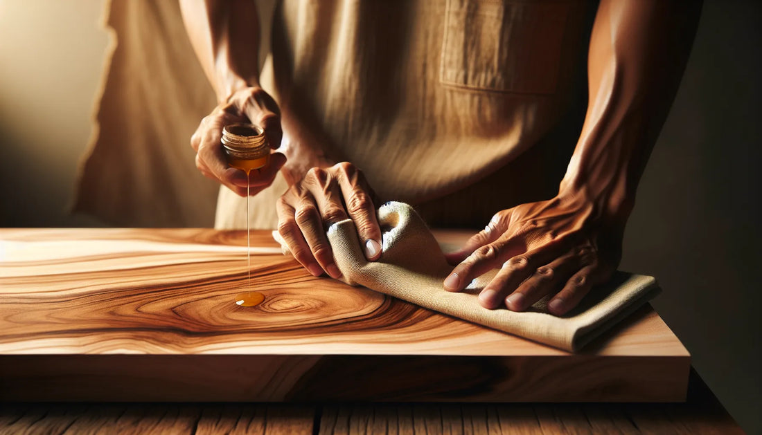 Scena di applicazione dell'olio di tung su una superficie di legno naturale con texture visibili