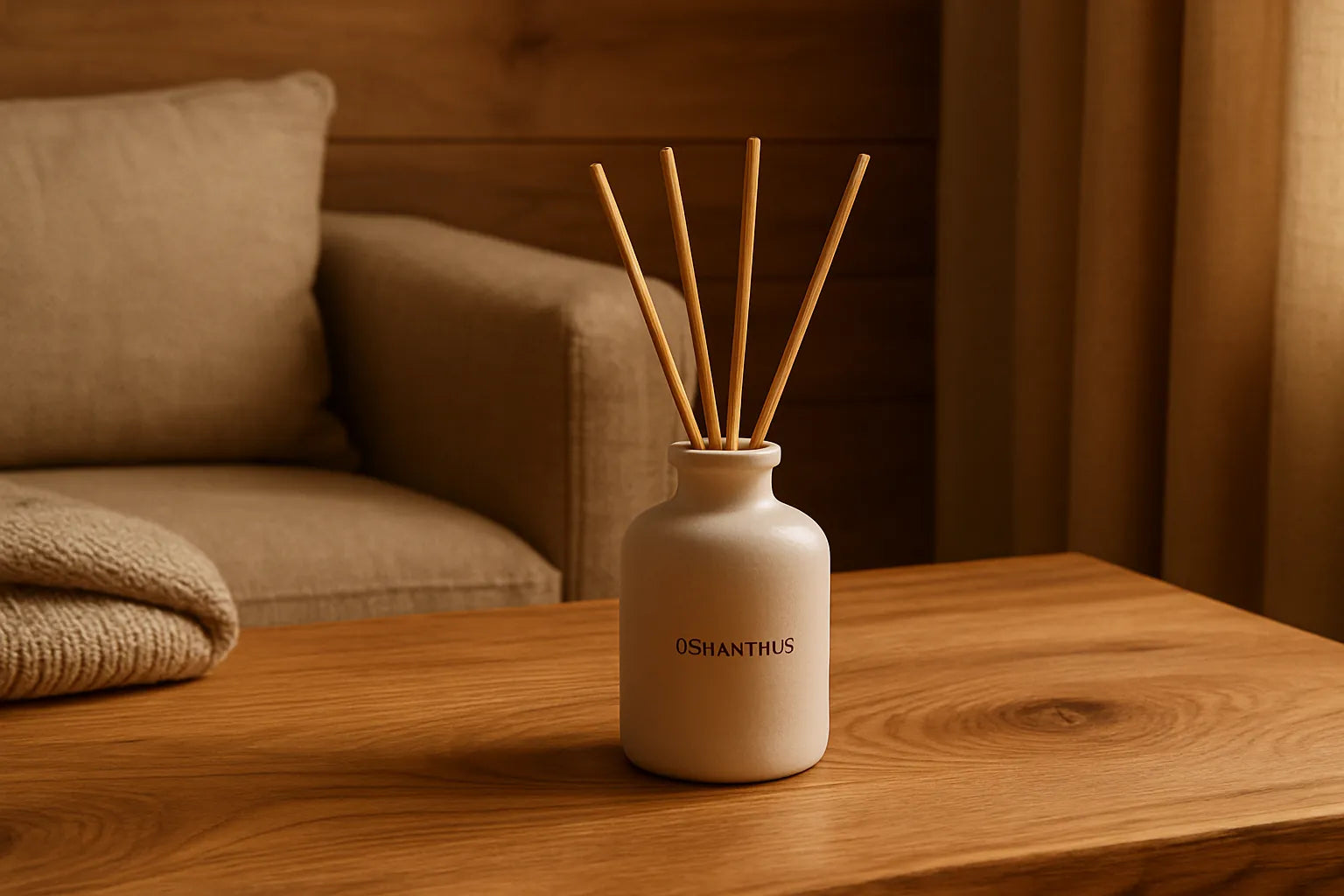 Scena evocativa di un ambiente domestico con osmanto e superfici in legno naturale