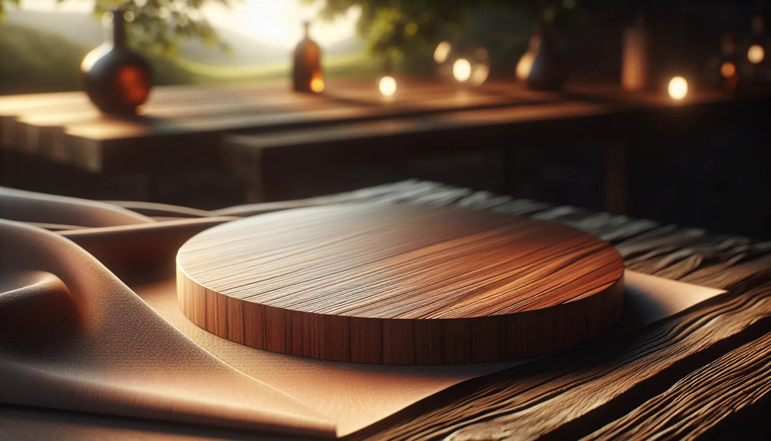 Scena di legno di castagno trattato con tannini naturali, evidenziando venature e texture, in un ambiente naturale e autentico.