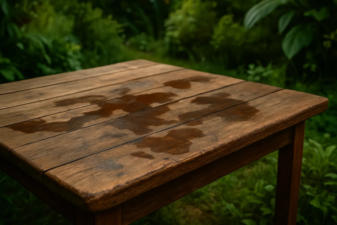 Superficie in legno esterno con segni di ristagno d'acqua e manutenzione