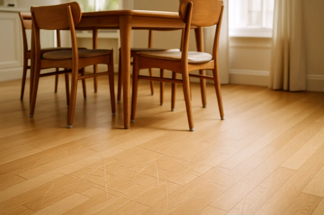 Scena di un pavimento in parquet con graffi visibili e sedie con feltrini sotto, in un ambiente domestico elegante.