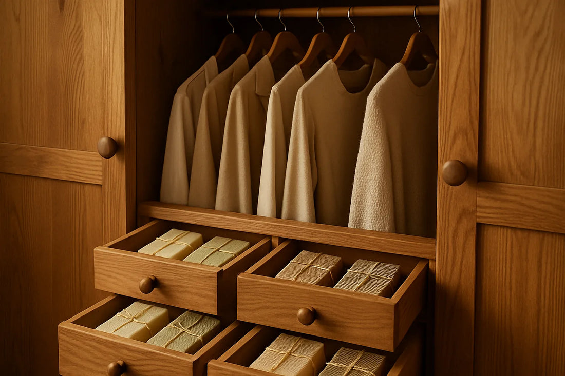 Scena di armadi e cassetti profumati con barrette naturali in legno
