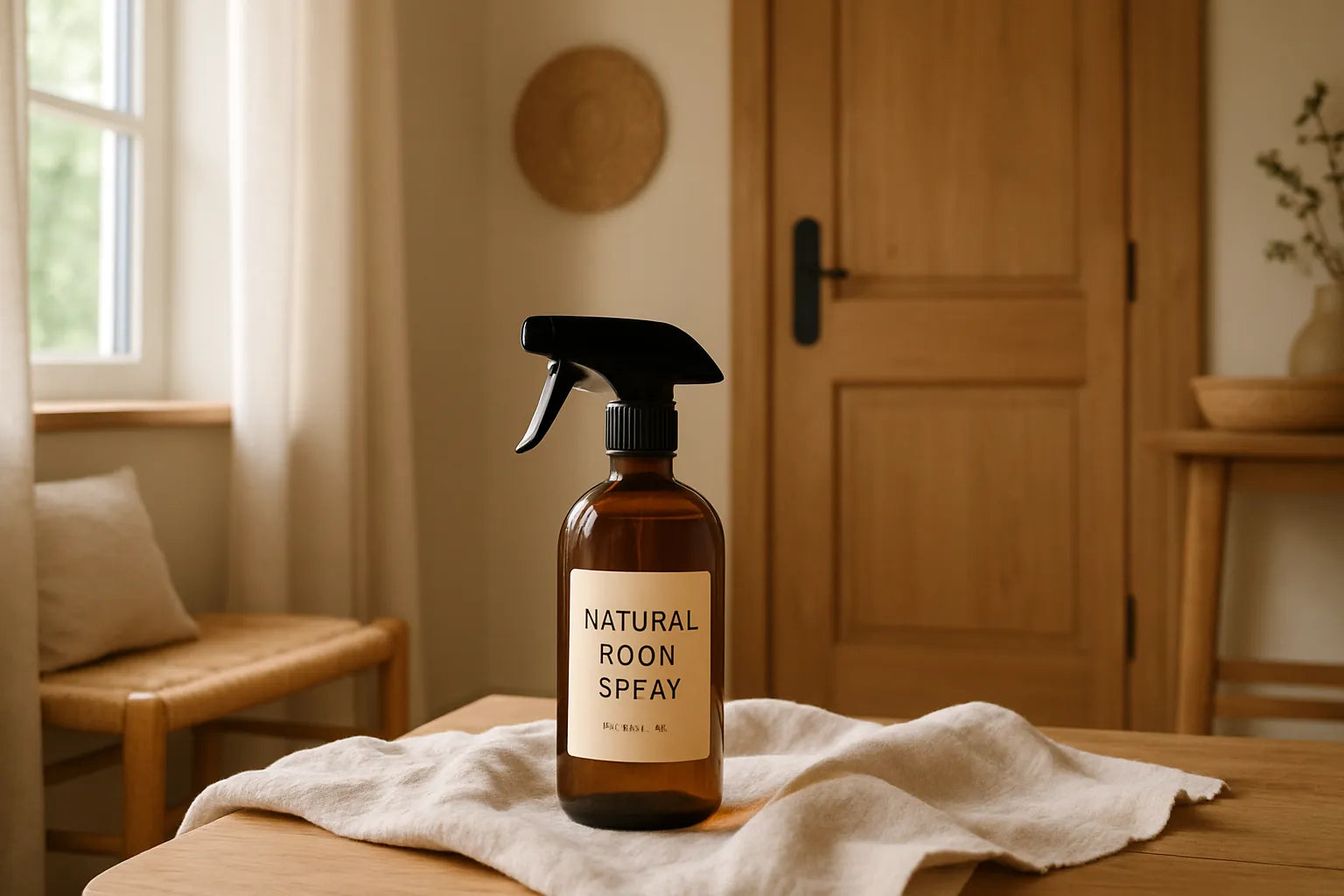 Scena accogliente con legno e spray naturale per profumare casa