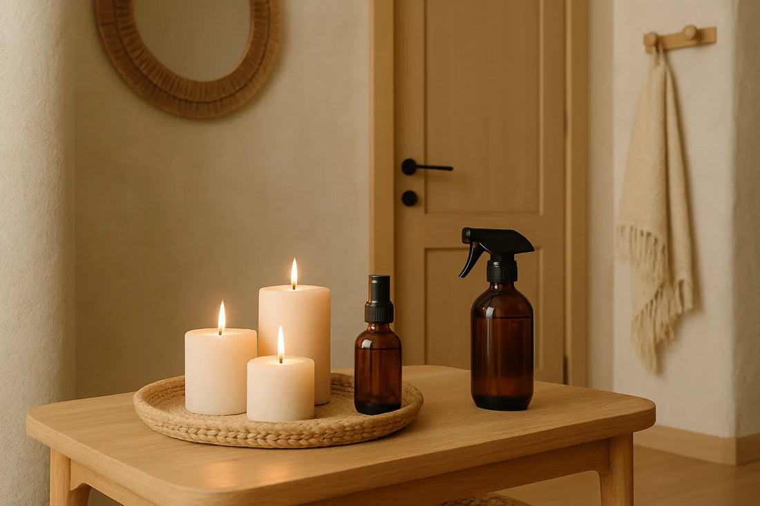 Scena di un ingresso elegante con candele naturali e spray profumati su una superficie in legno.
