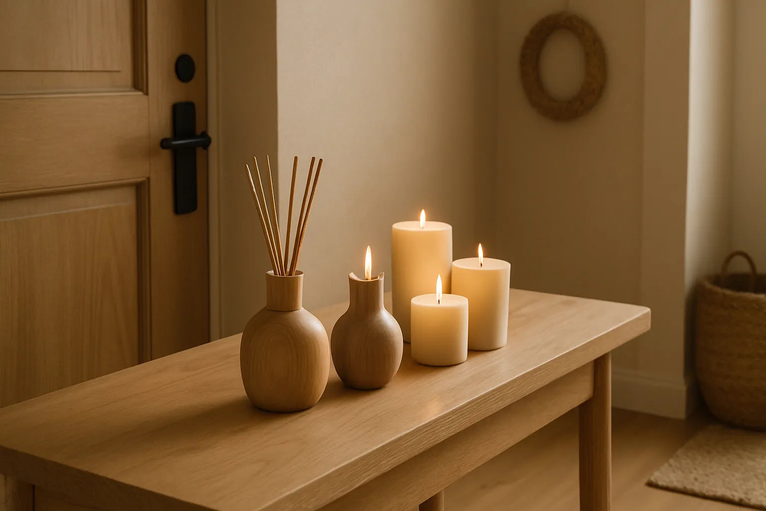 Un ingresso elegante con candele naturali e diffusori in legno, atmosfera accogliente e calda