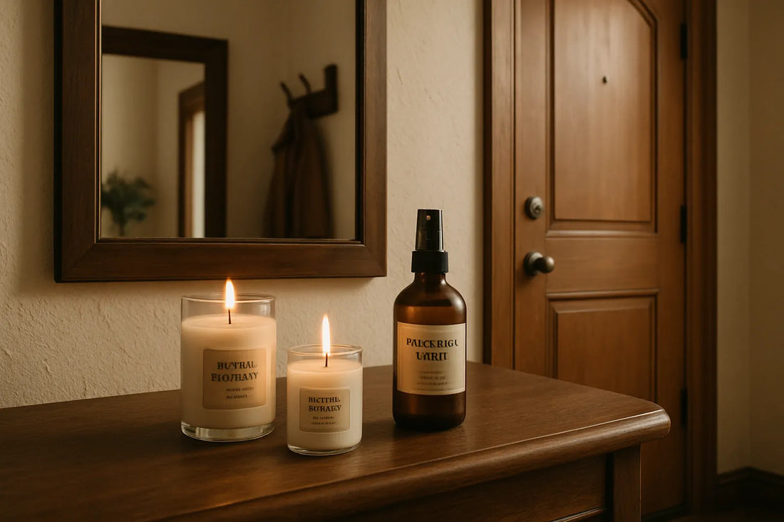 Un ingresso elegante con candele naturali e spray ambiente su una superficie in legno