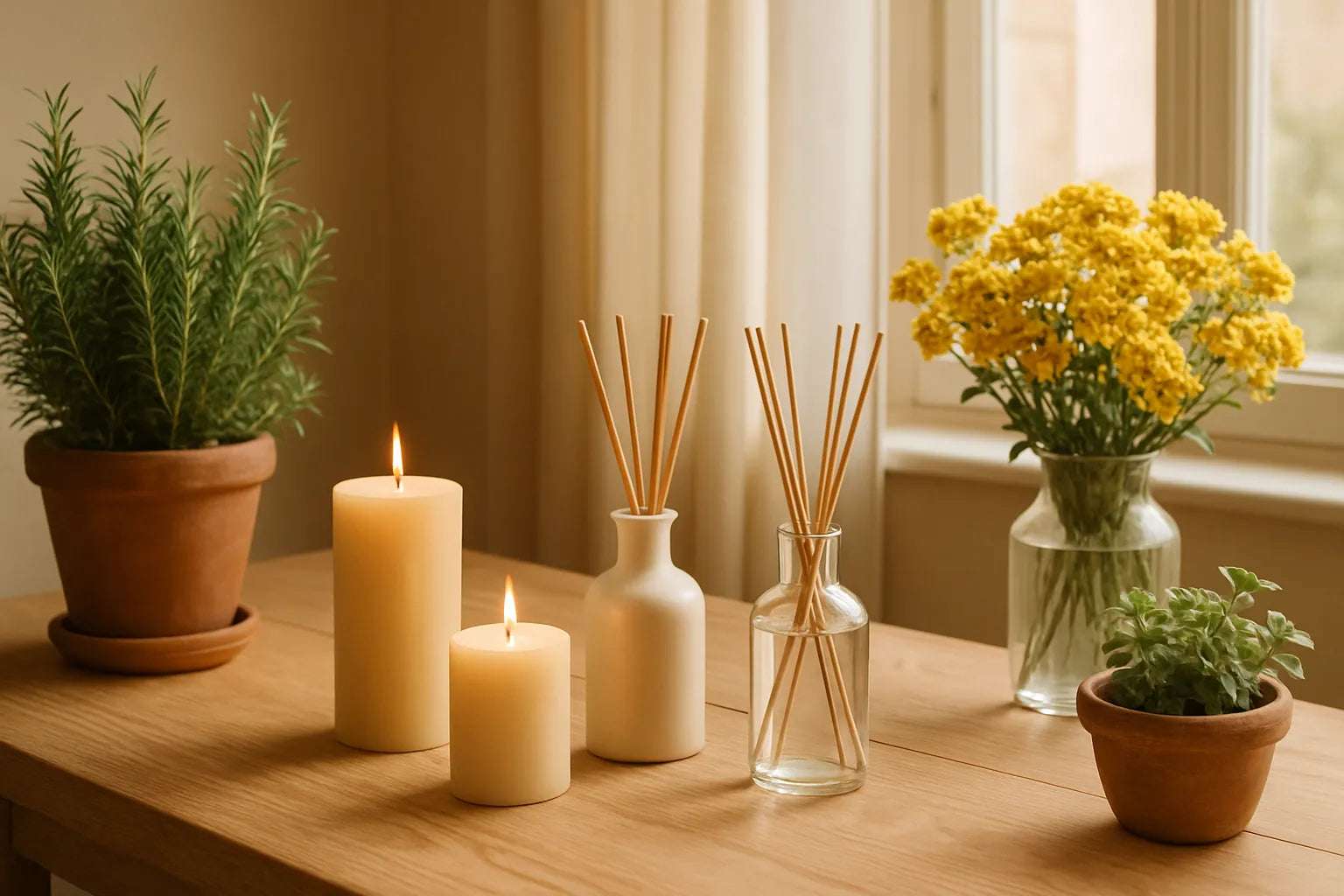 Scena evocativa di un ambiente domestico con elementi naturali e profumazione all'immortelle