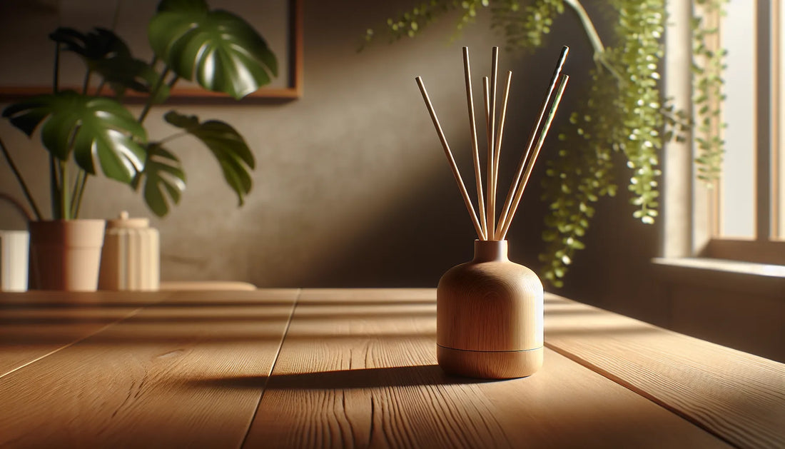 Un elegante diffusore a bastoncino su un tavolo in legno, circondato da piante verdi e luce naturale.