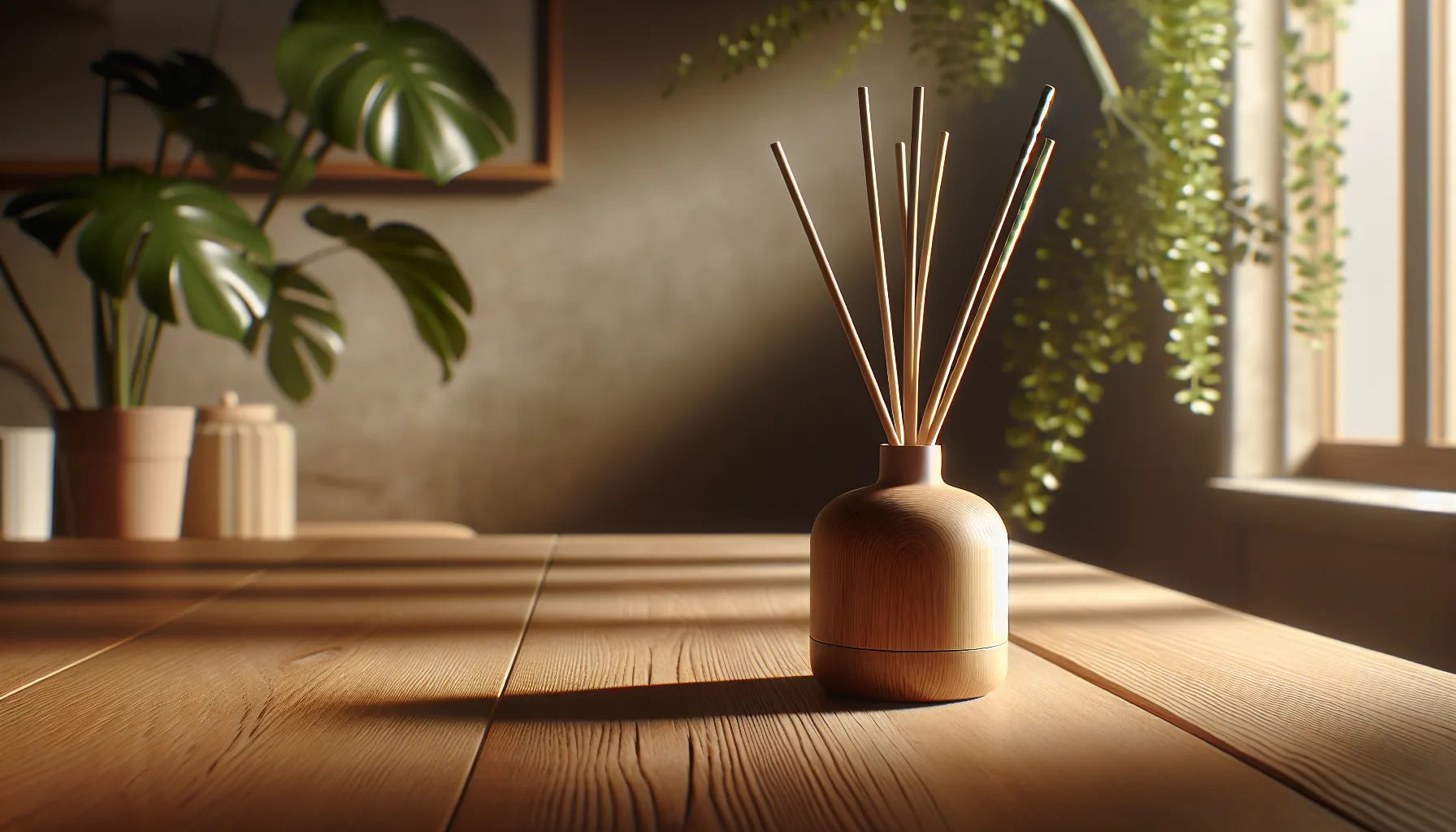 Un elegante diffusore a bastoncino su un tavolo in legno, circondato da piante verdi e luce naturale.