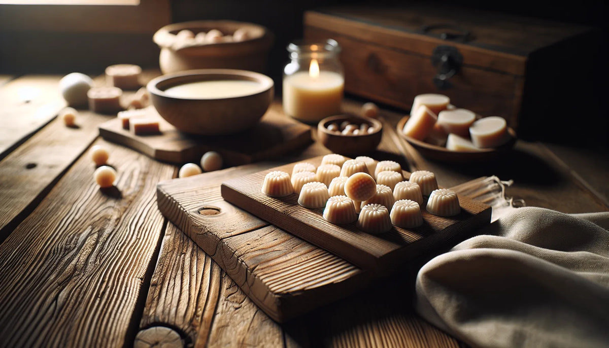 Scena evocativa di wax melts su un tavolo di legno naturale con luce morbida