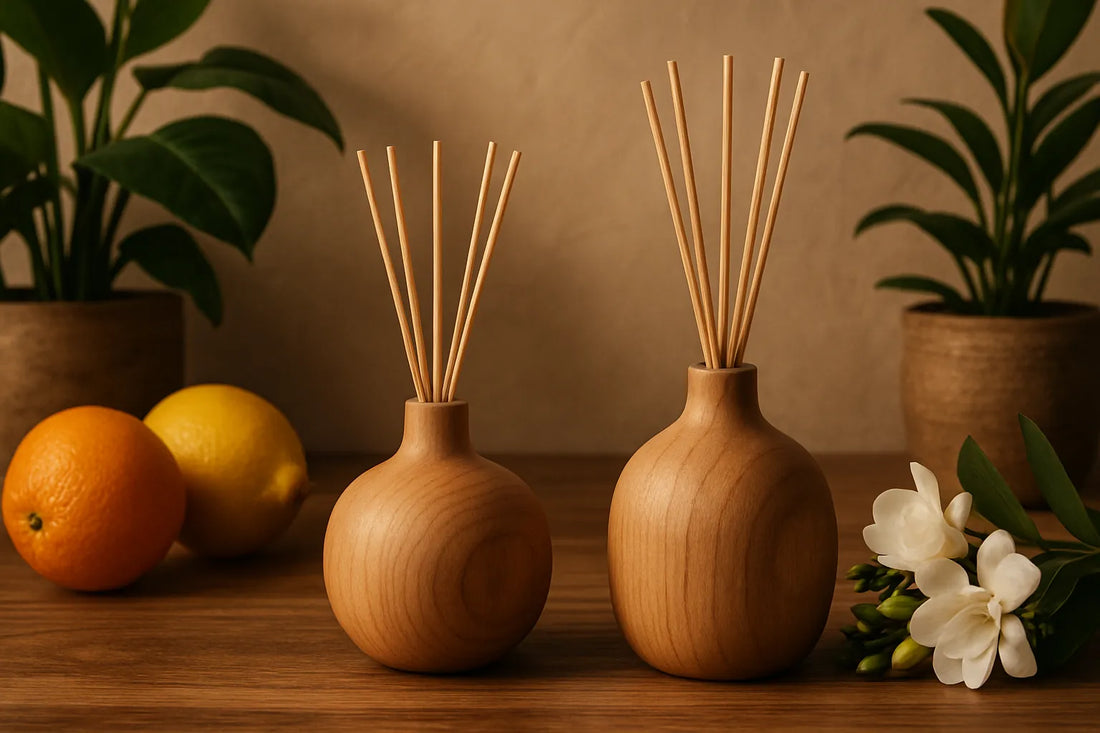 Un ambiente domestico con diffusori di profumo e elementi naturali in legno, evocando armonia e benessere.