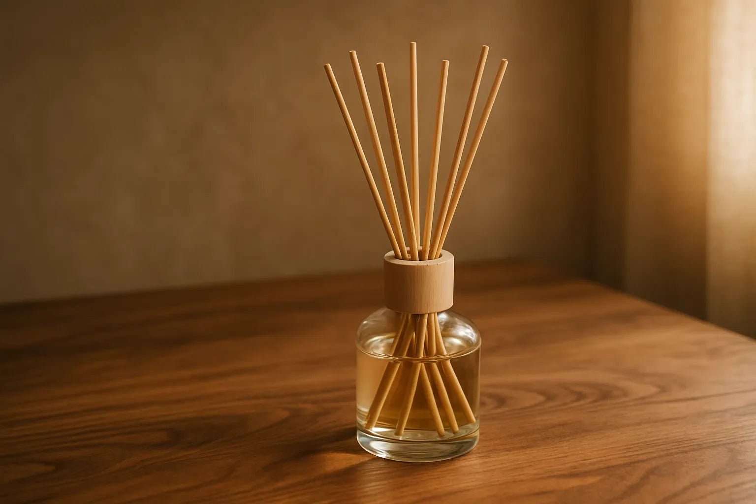 Scena di un diffusore a bastoncino naturale su un tavolo in legno, con luce morbida e atmosfera calda