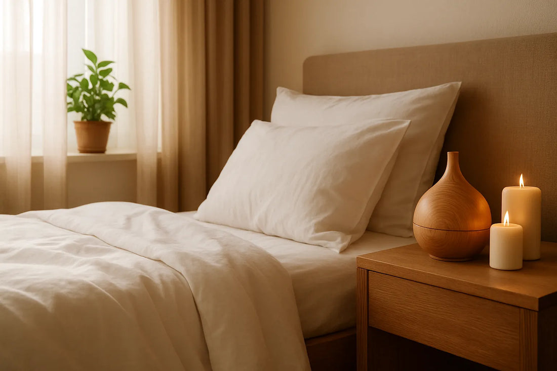 Scena di una camera da letto rilassante con profumazioni naturali e legno