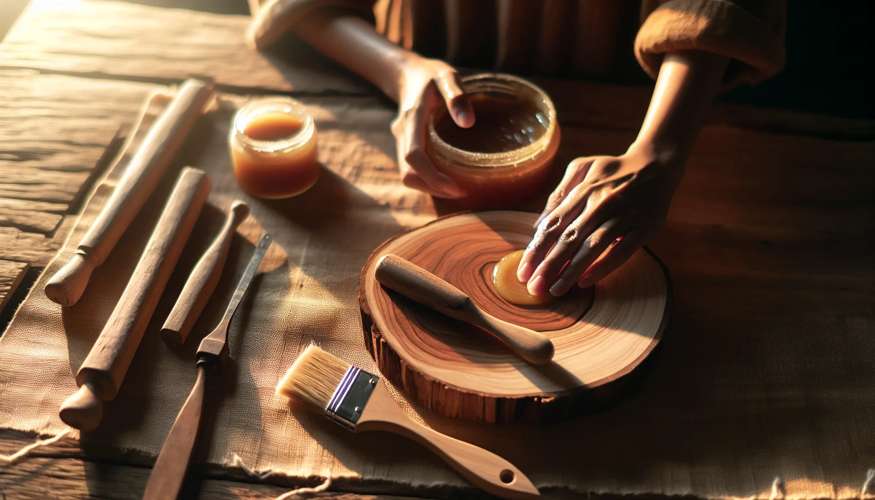 Scena di applicazione di cere naturali su legno, evidenziando texture e venature