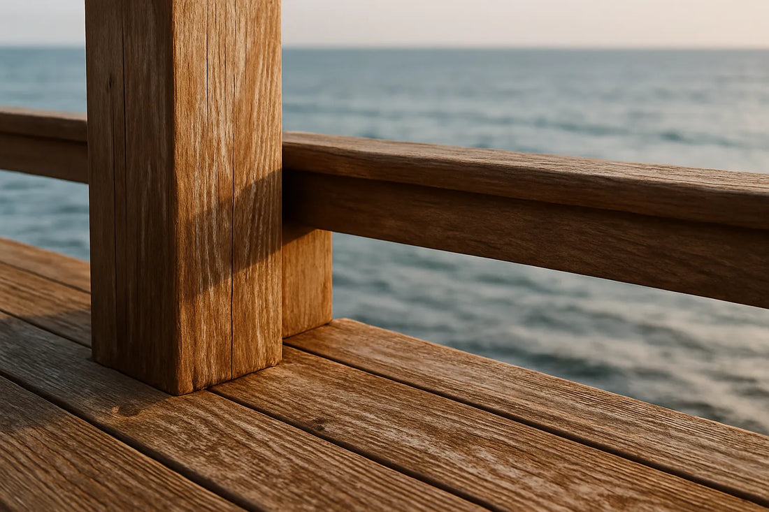 Scena di legno esposto in ambiente marino, con dettagli di salsedine e manutenzione