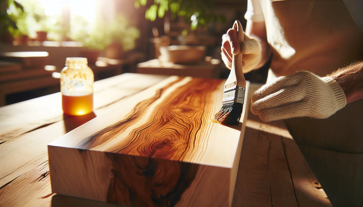 Scena di applicazione della propoli su un mobile in legno, evidenziando la texture e la bellezza del legno naturale