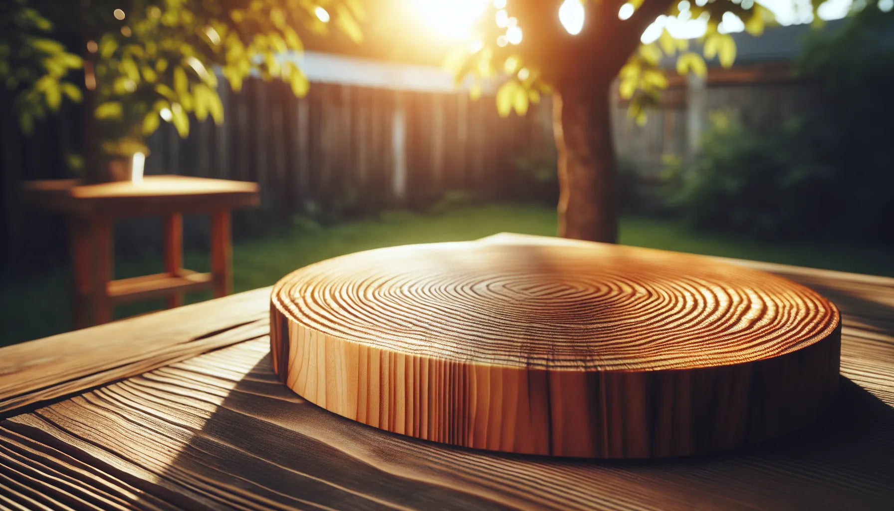Superficie in legno trattata con olio di tung, evidenziando venature e texture naturali, in un ambiente estivo luminoso.
