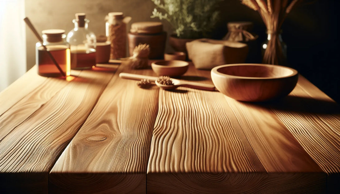 Scena di legno naturale con finitura a cera, evidenziando texture e venature, in un ambiente caldo e autentico.