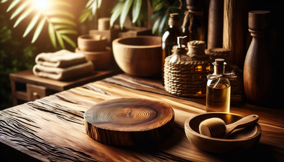 Scena di legno trattato con oli naturali, evidenziando venature e texture