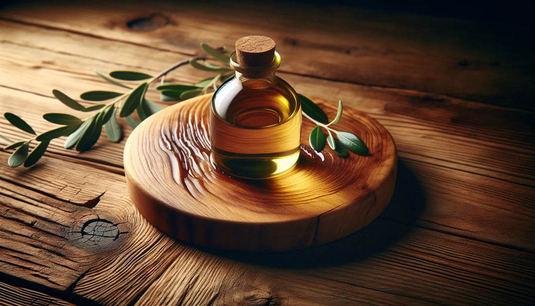 Una superficie in legno trattata con olio di oliva, evidenziando venature e texture naturali.
