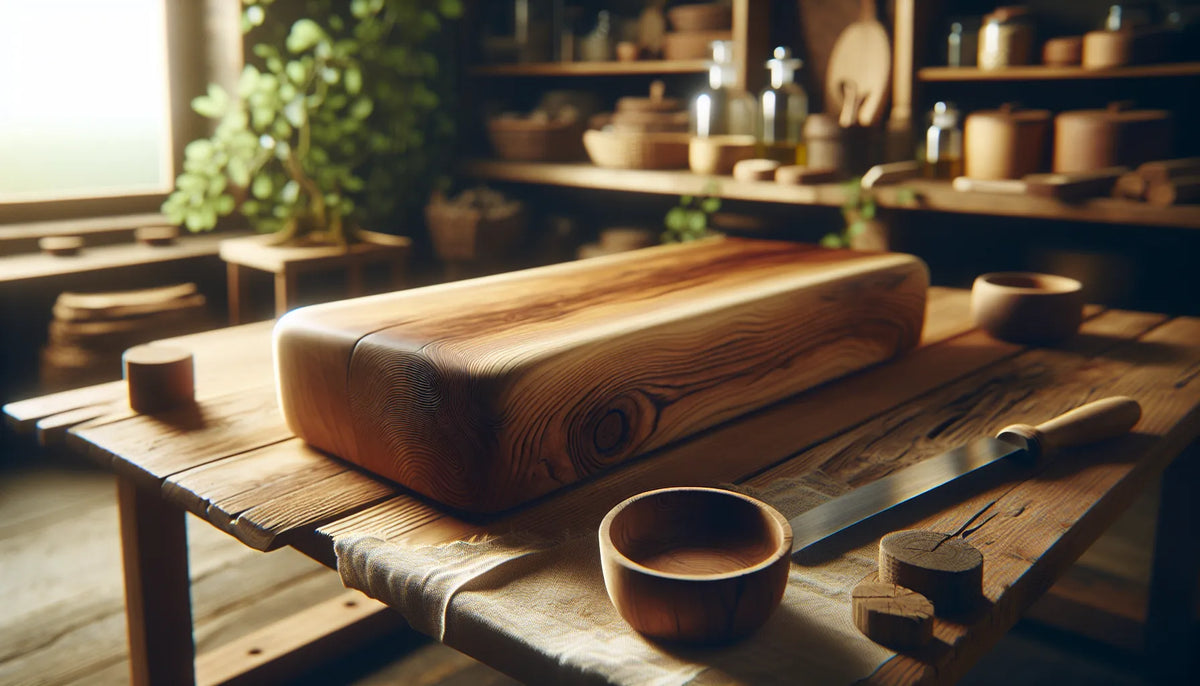 Scena di legno trattato con oli naturali in un ambiente caldo e naturale