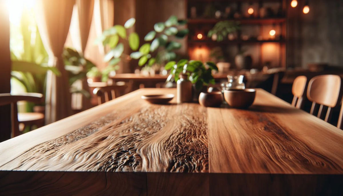 Scena di legno naturale trattato con oli, evidenziando texture e venature, in un ambiente caldo e autentico.