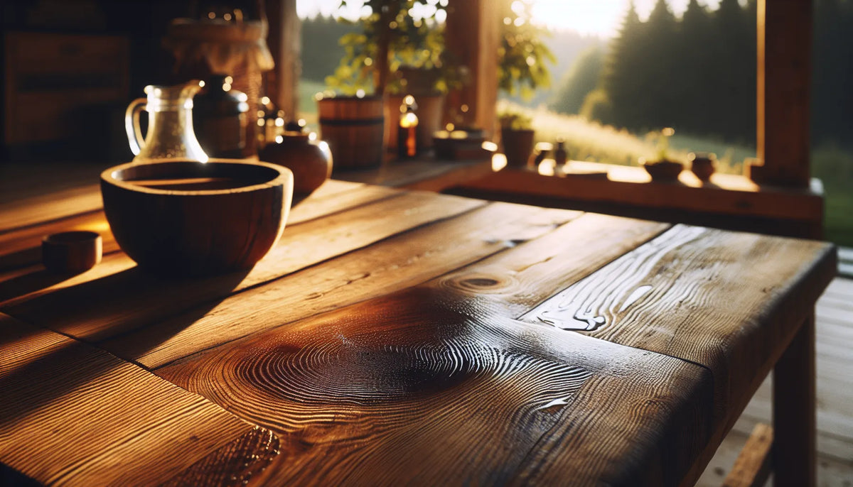 Scena di legno trattato con olio di lino in un ambiente naturale e caldo