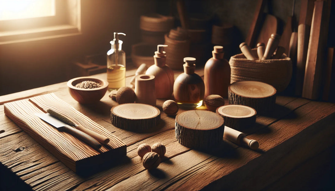 Scena di legno naturale con texture e venature, rappresentante la protezione e cura del legno in modo sostenibile.