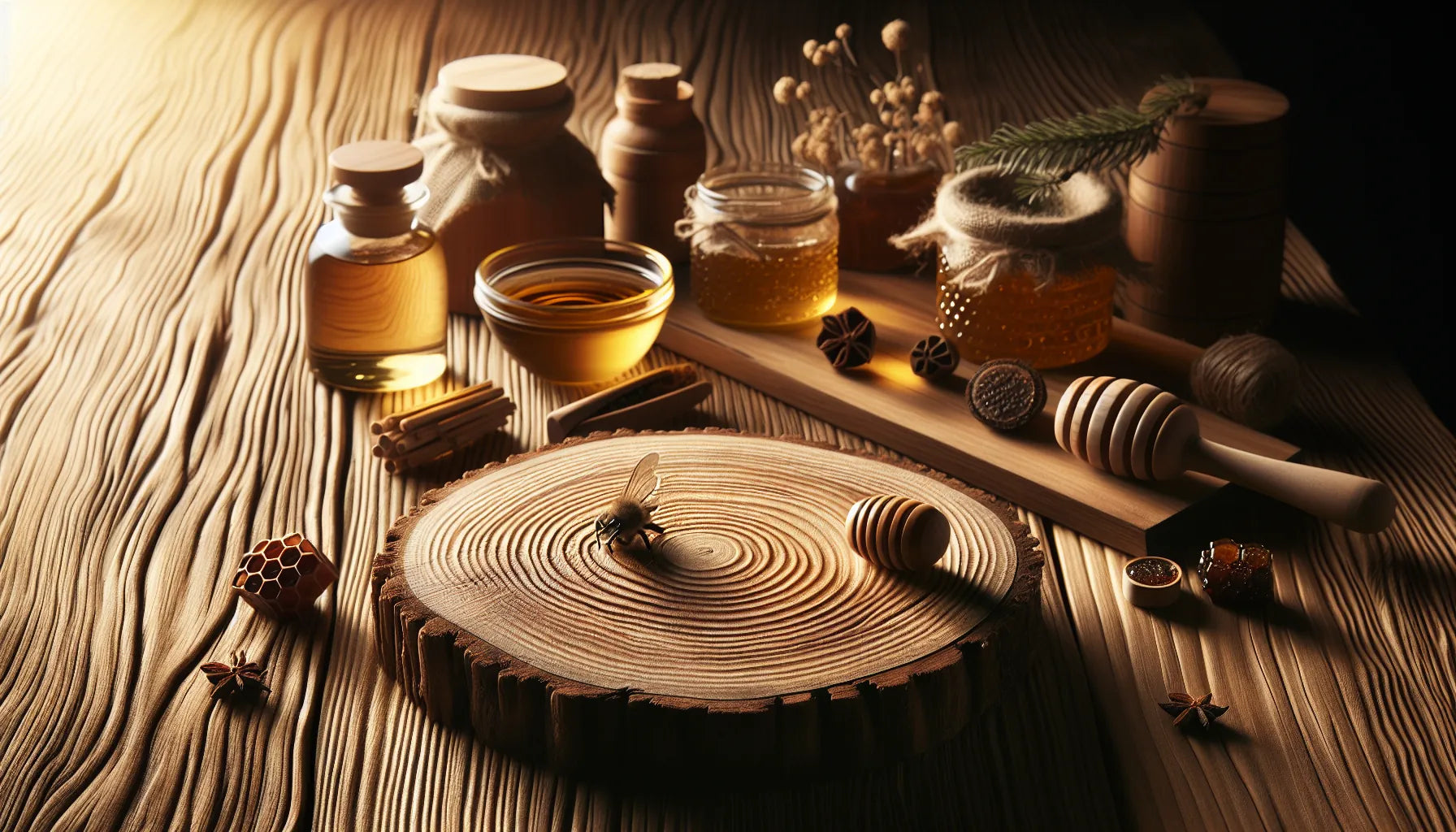Scena di legno trattato con propoli e oli essenziali in un ambiente naturale