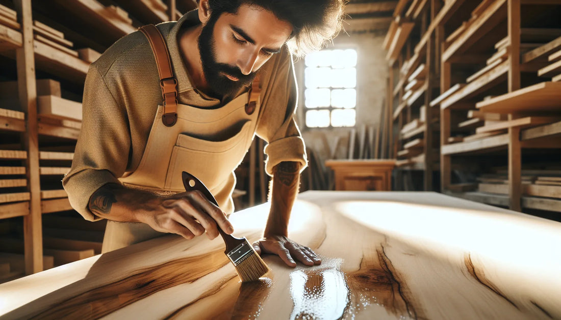 Scena di applicazione dell'olio di neem su un mobile in legno, evidenziando la texture e le venature del legno.