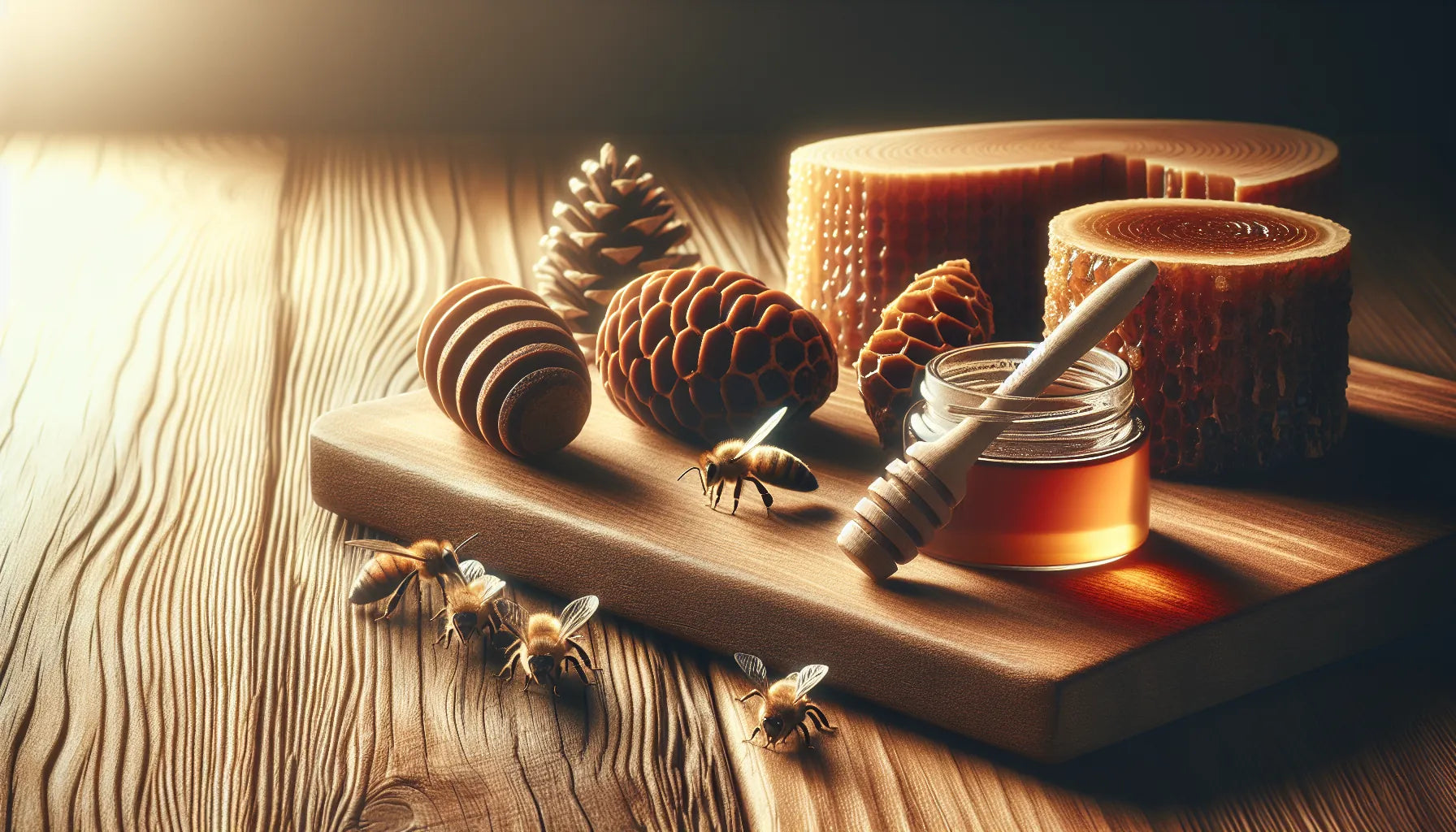Scena di legno trattato con propoli, evidenziando texture e venature