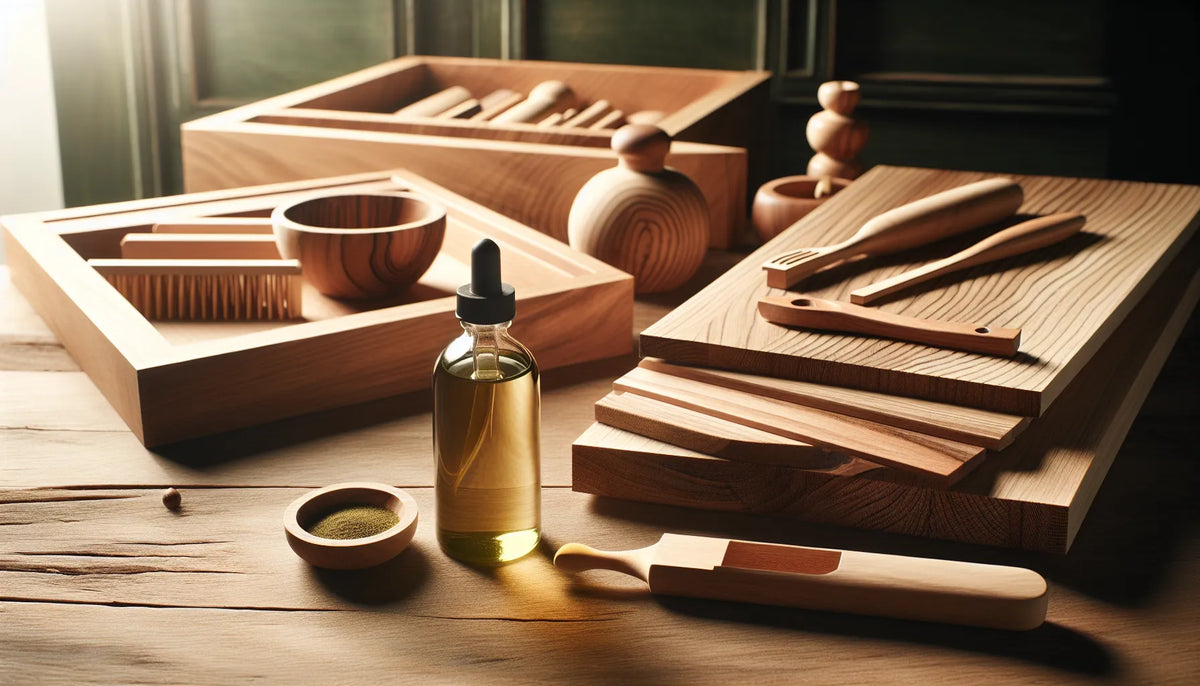 Scena di legno naturale con olio di neem e attrezzi per la manutenzione