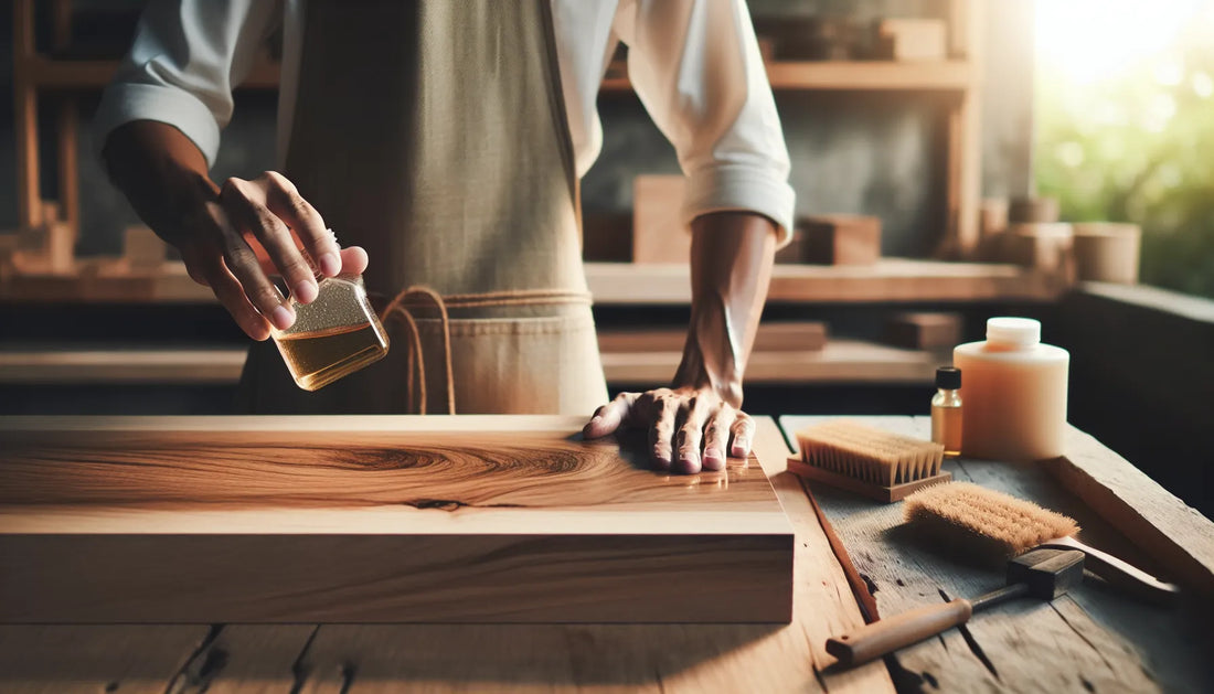 Scena di applicazione di oli naturali su legno di teak con texture visibili