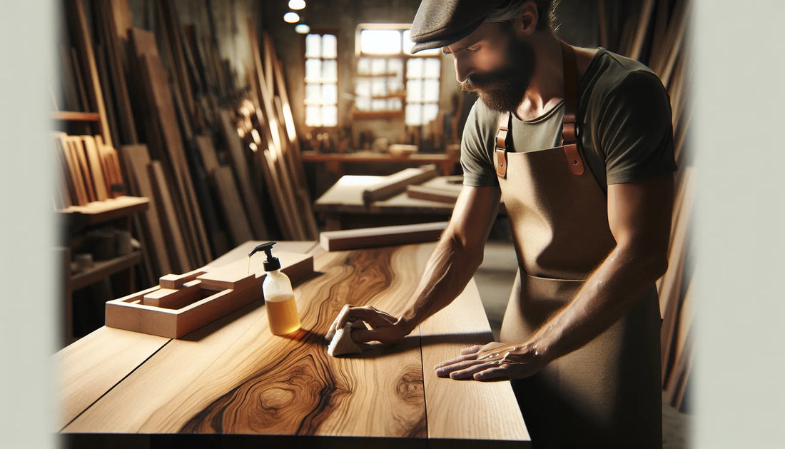 Scena di applicazione di oli naturali su teak, evidenziando la texture del legno e l'atmosfera calda e naturale.