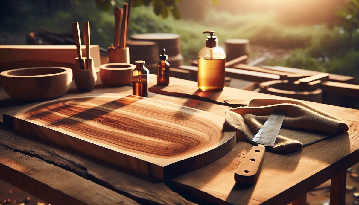 Scena di legno di teak trattato con olio di lino, evidenziando venature e texture naturali