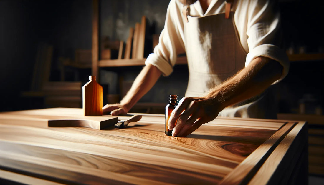 Scena di applicazione dell'olio di tung su una superficie di teak, evidenziando venature e texture del legno.