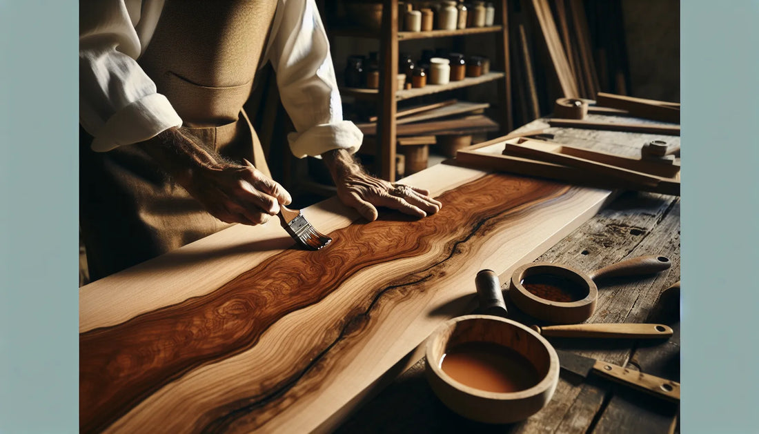Un artigiano applica resine naturali su una superficie di castagno, evidenziando venature e texture del legno.