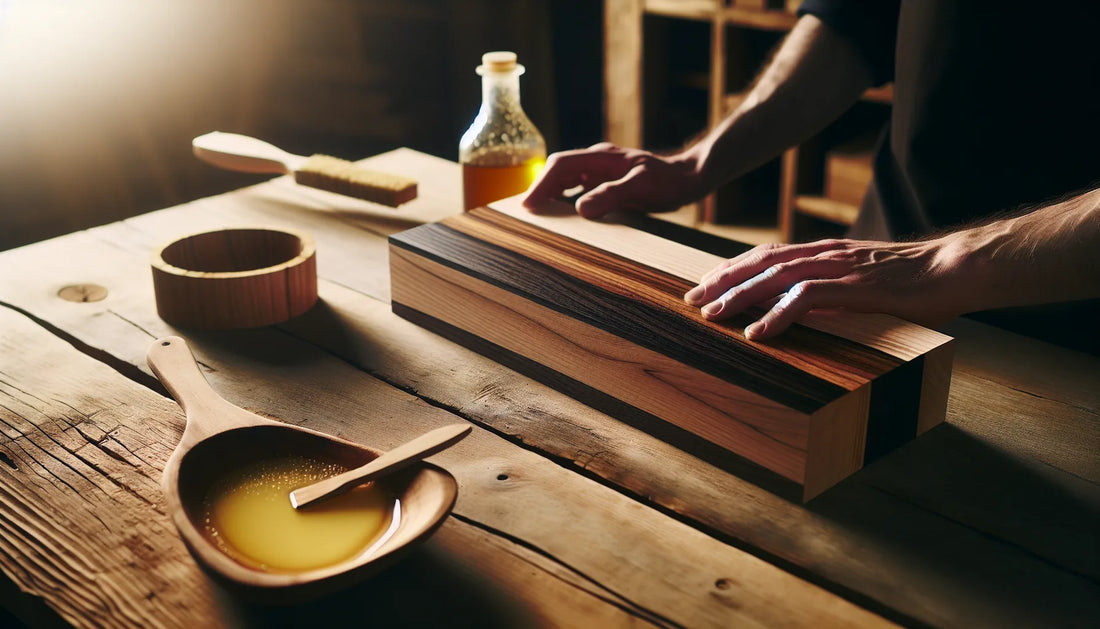 Scena di restauro dell'ebano con oli naturali e cera d'api su un tavolo di legno