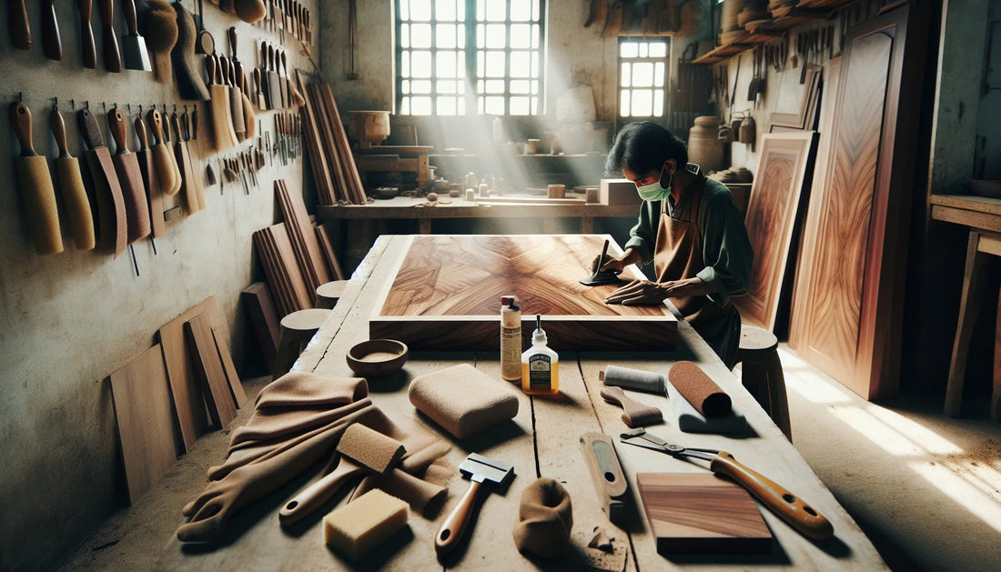Scena di restauro del legno di noce con strumenti naturali e texture visibili