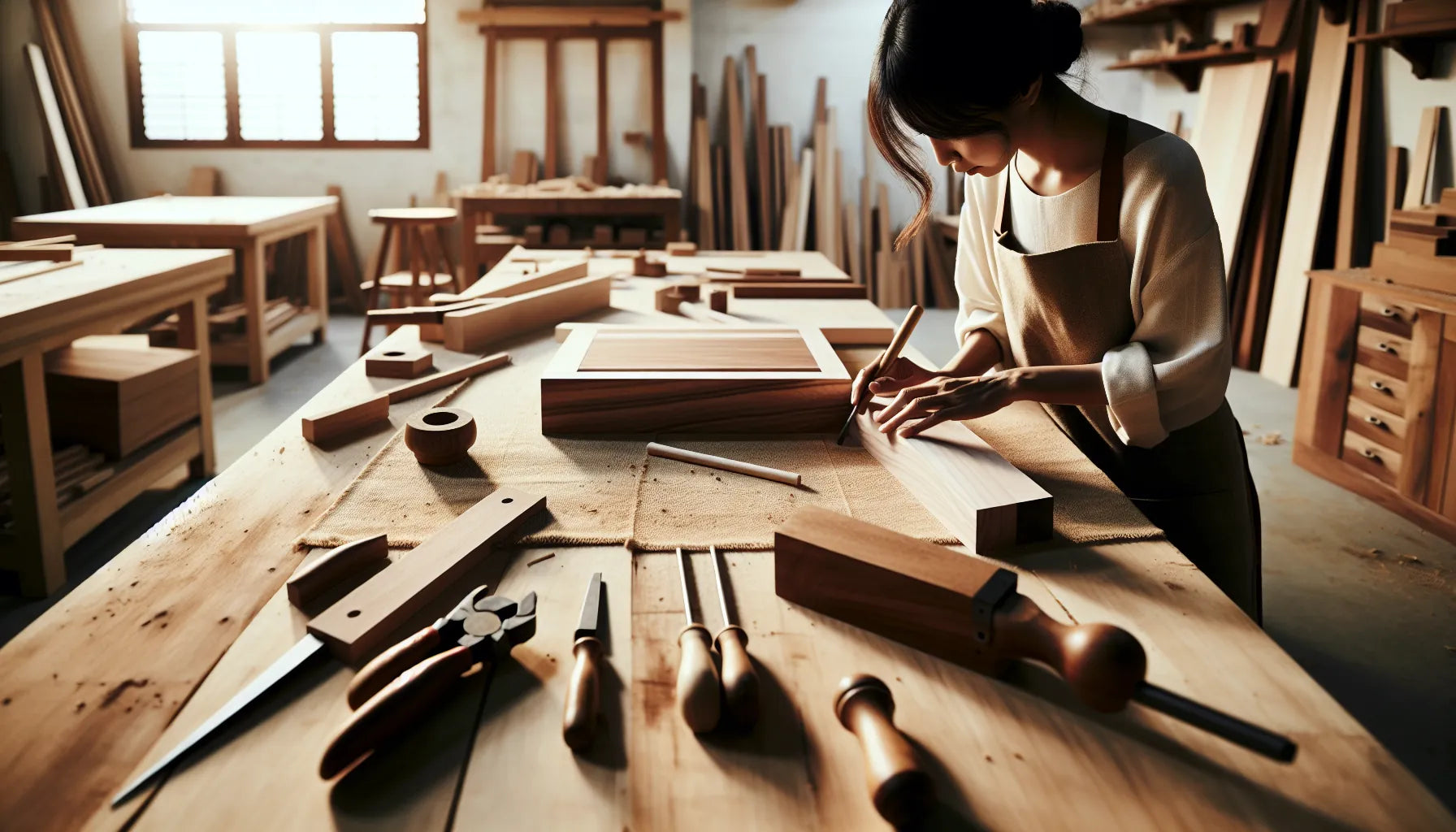 Scena di restauro di un mobile in legno con tecniche tradizionali di ebanisteria, mostrando dettagli di finiture naturali e strumenti artigianali.