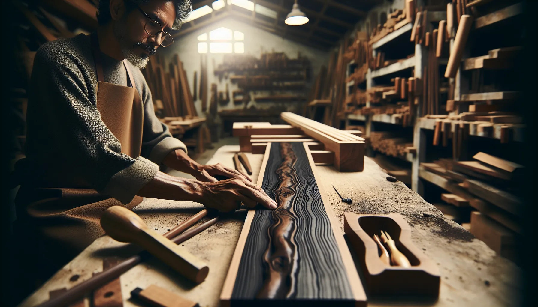 Immagine che rappresenta il restauro dell'ebano con tecniche naturali, mostrando venature e superfici del legno.