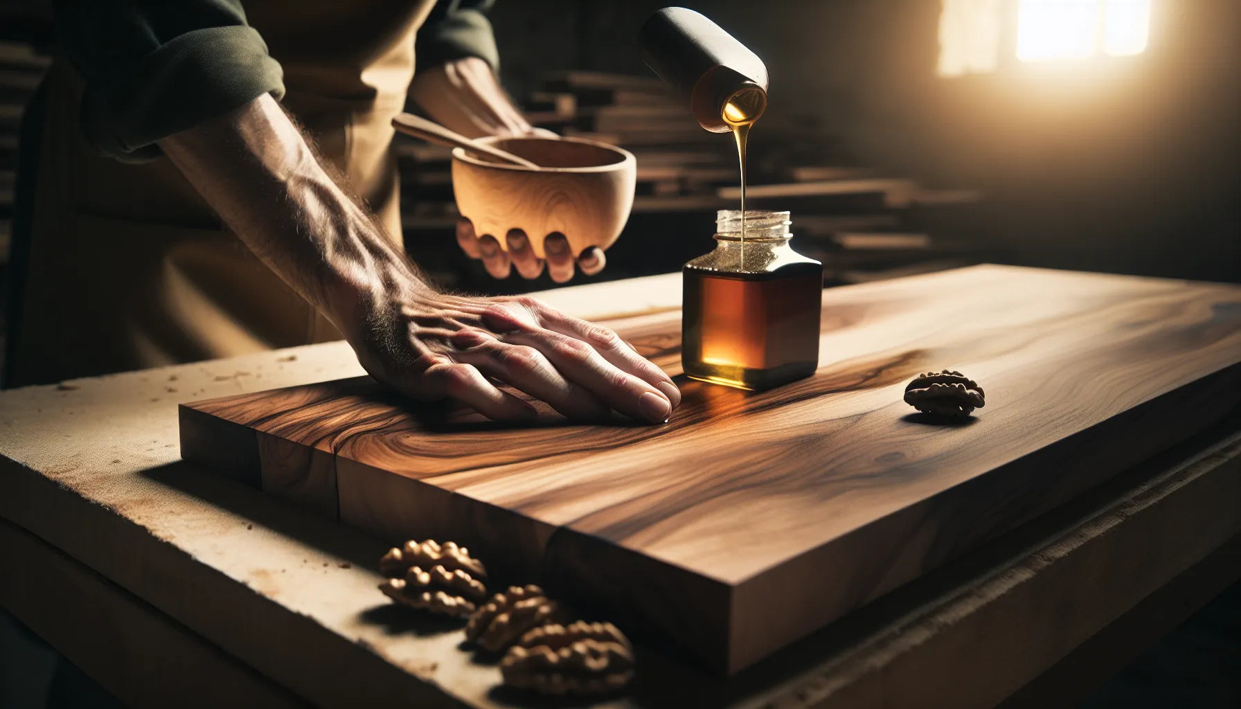Scena di restauro del legno di noce con tannini, evidenziando venature e texture naturali.