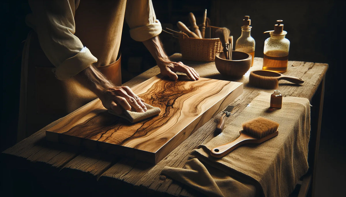 Scena di restauro del legno di noce con tecniche naturali e strumenti artigianali