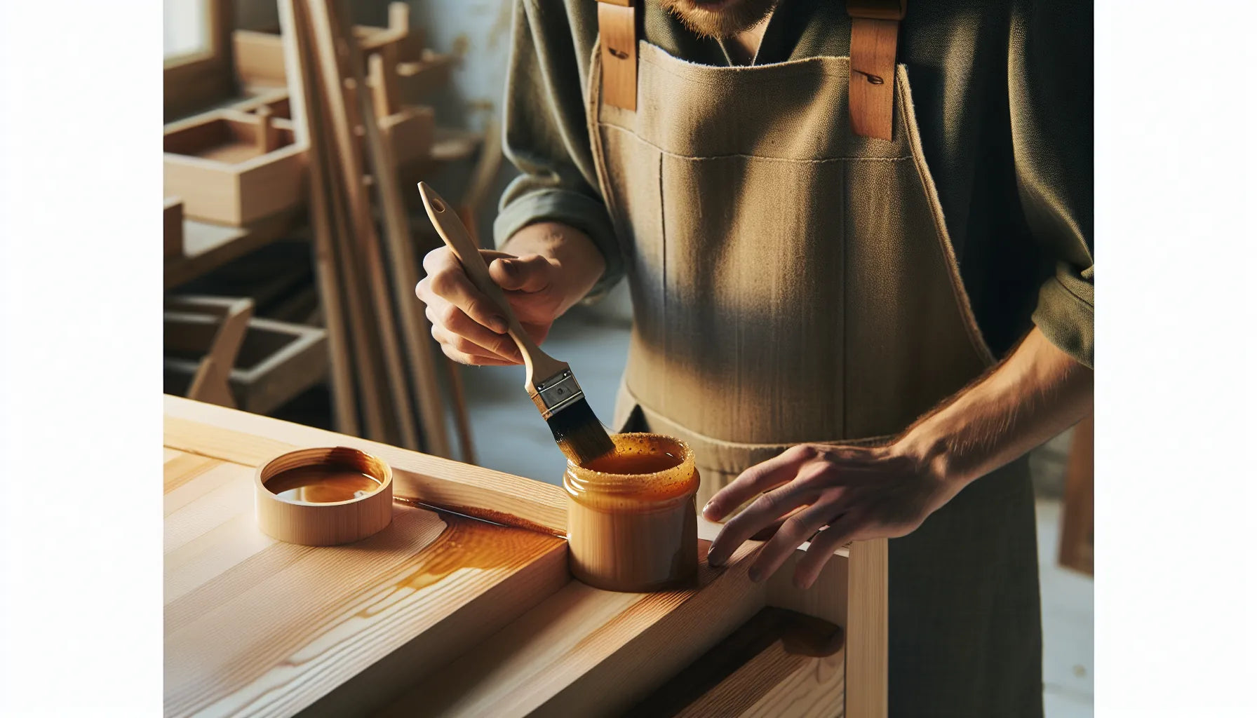 Scena di restauro di un mobile in legno con propoli e gommalacca, mostrando texture e venature naturali.