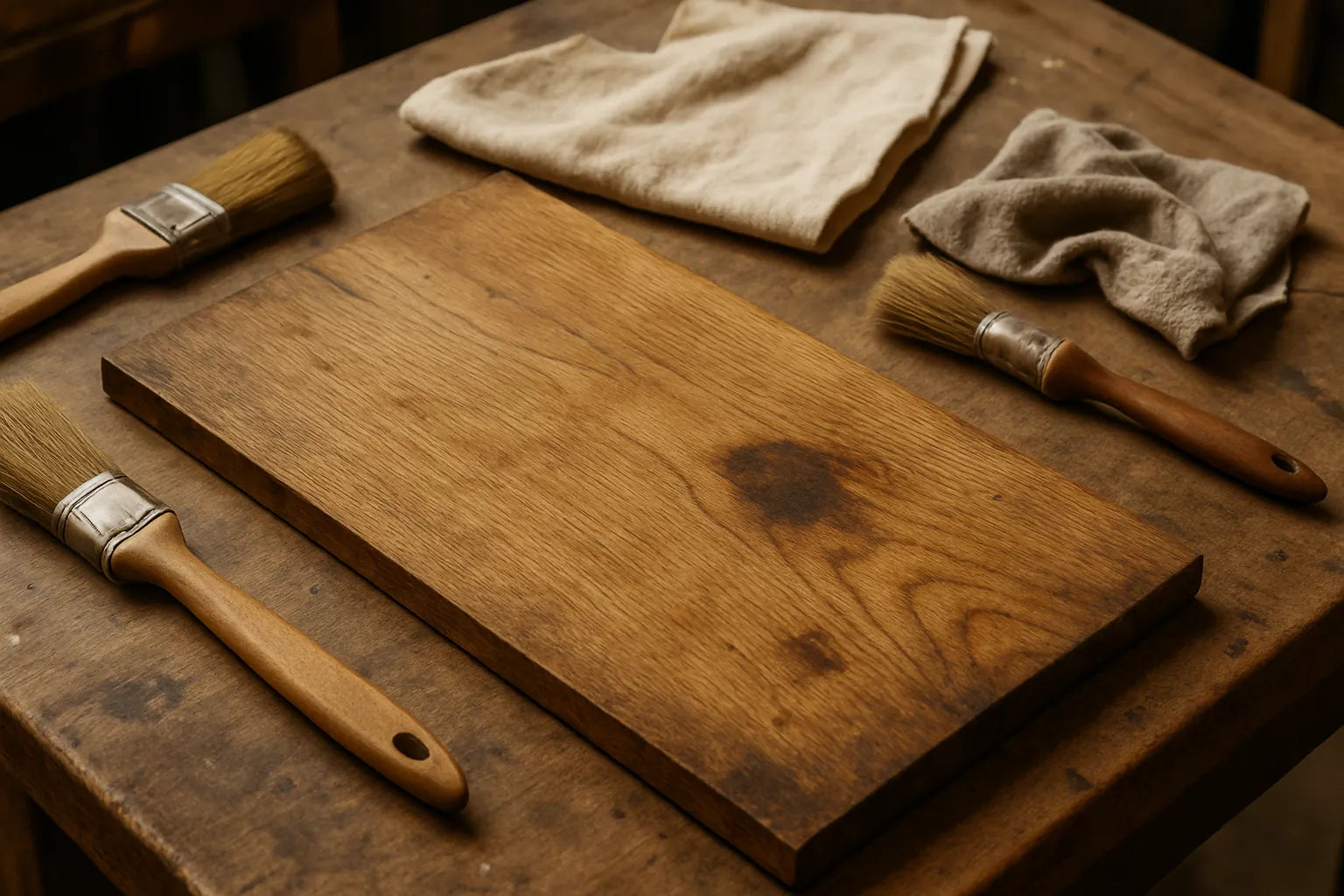 Scena di laboratorio di restauro legno con superfici naturali e strumenti
