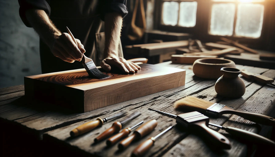Scena di lavoro artigianale su legno di ebano con gommalacca, evidenziando venature e texture naturali.