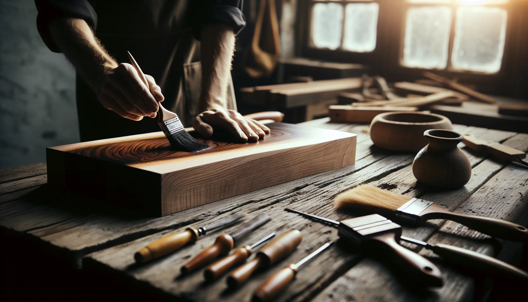Scena di lavoro artigianale su legno di ebano con gommalacca, evidenziando venature e texture naturali.