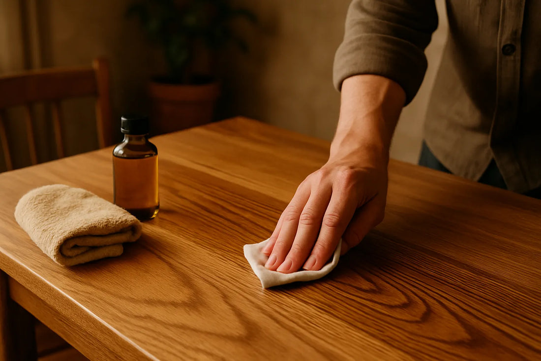 Scena di manutenzione del legno oliato con panno e olio, evidenziando texture e venature naturali