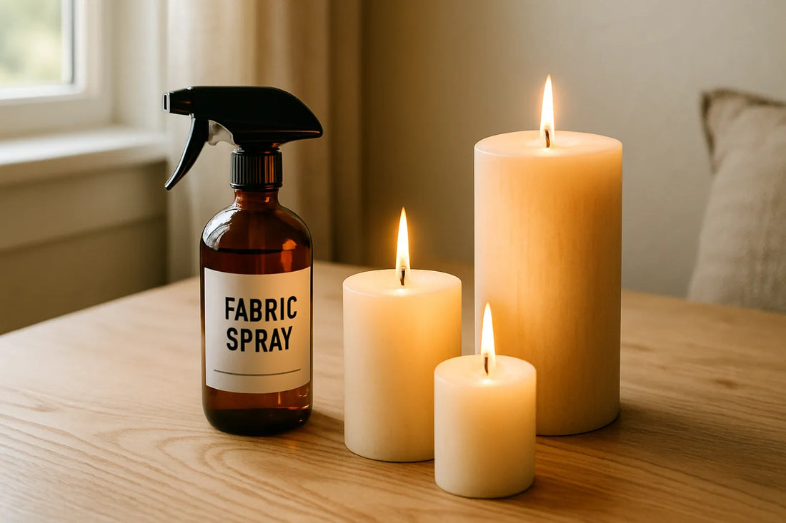 Scena di riordino con candele naturali e spray su superfici in legno
